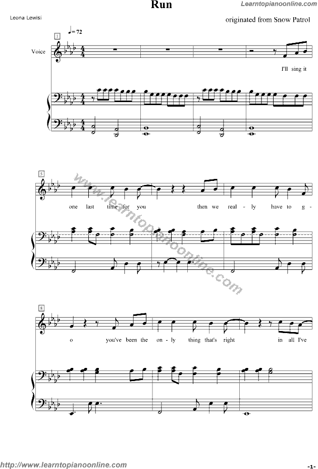 Run-LeonaLewis Originated from Snow Patrol Piano Sheet Music Free