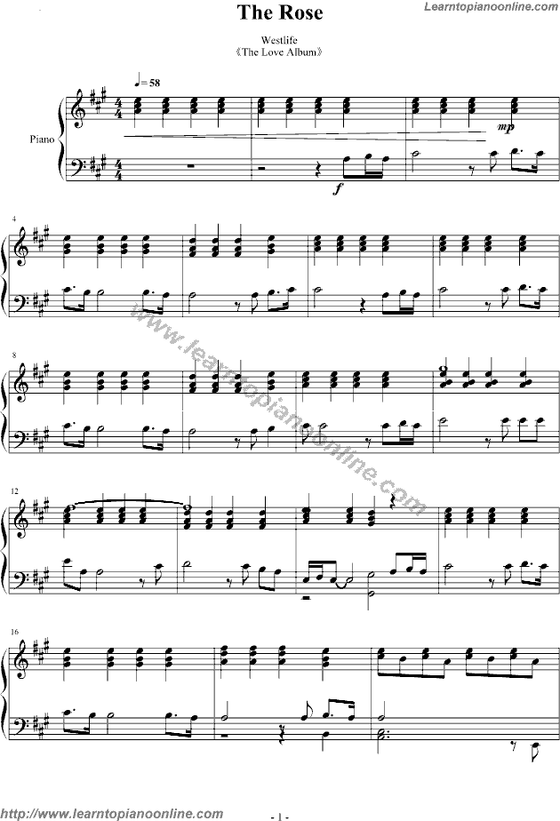 The Rose by Westlife Piano Sheet Music Free