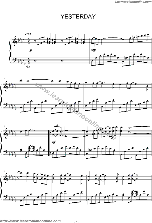 Yesterday-blueman by Beattles Piano Sheet Music Free