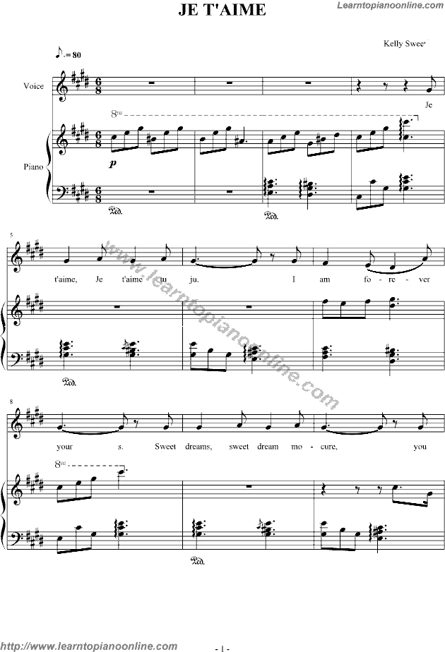 JE T'AIME by Kelly Sweet Piano Sheet Music Free