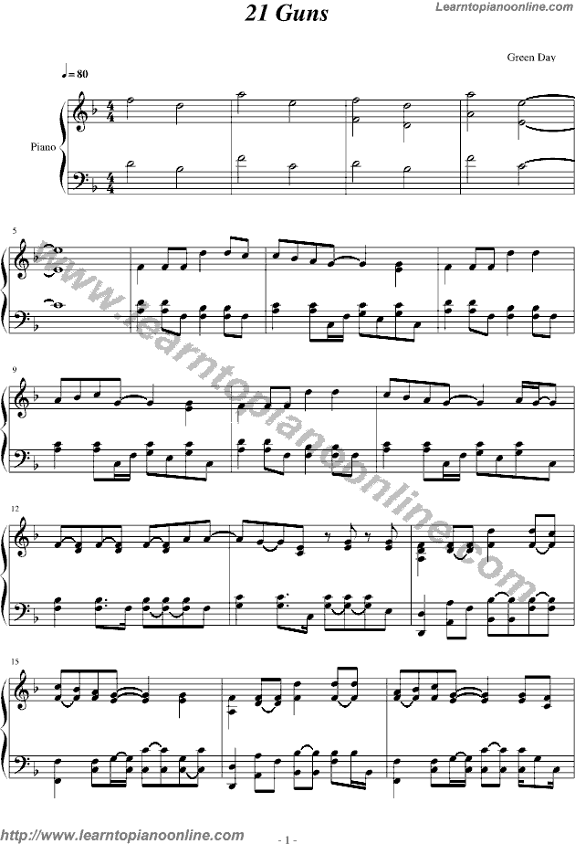 21 Guns by Green Day Free Piano Sheet Music