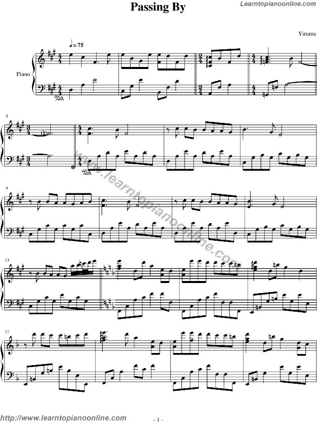 Yiruma - Passing by Free Piano Sheet Music Chords Tabs Notes Tutorial Score