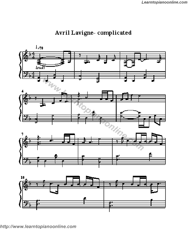 Avril Lavigne - Complicated Piano Sheet Music Free